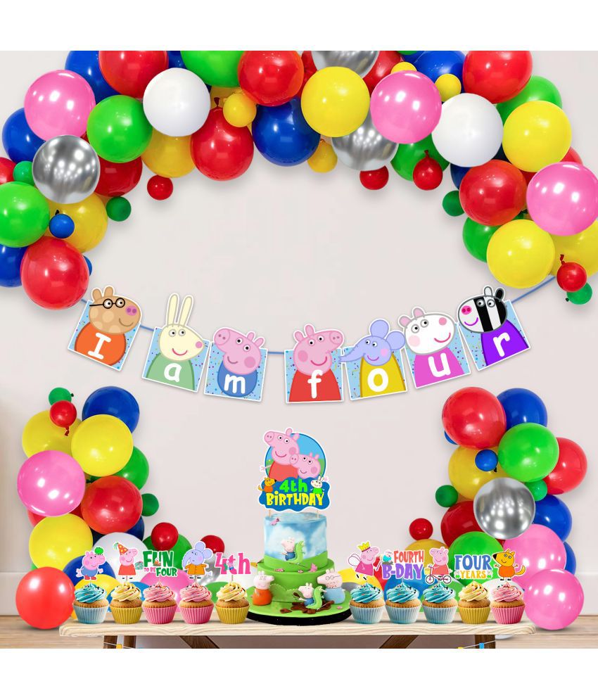     			Zyozi Peppa Pig 4th Birthday Party Decorations Combo Include Happy Birthday Banner, Pepaa Pig Cake Topper, Multicolor Balloons, Cupcake Toppers, Pig Party Supplies for Kids (Pack of 37)