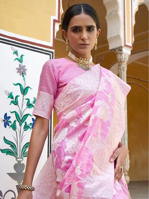 Buy Green Handloom Cotton Linen Saree with Pink Printed Blouse Piece |  STB40-5420/SB4O59MAY | The loom