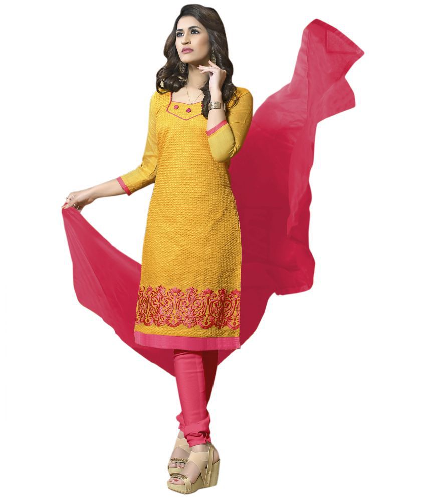     			Aika - Unstitched Yellow Chanderi Dress Material ( Pack of 1 )