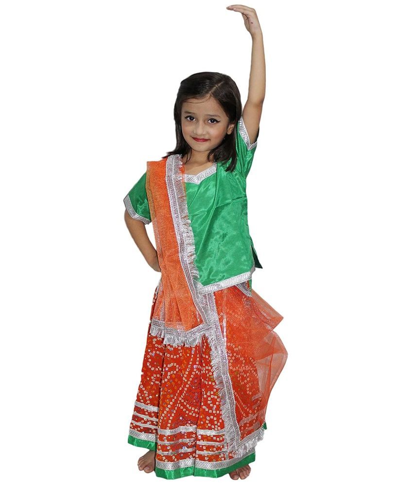     			Kaku Fancy Dresses Rajasthani Folk Dance Costume for Kids/ Lehenga Choli Costume Set - Orange, 7-8 Years, For Girls