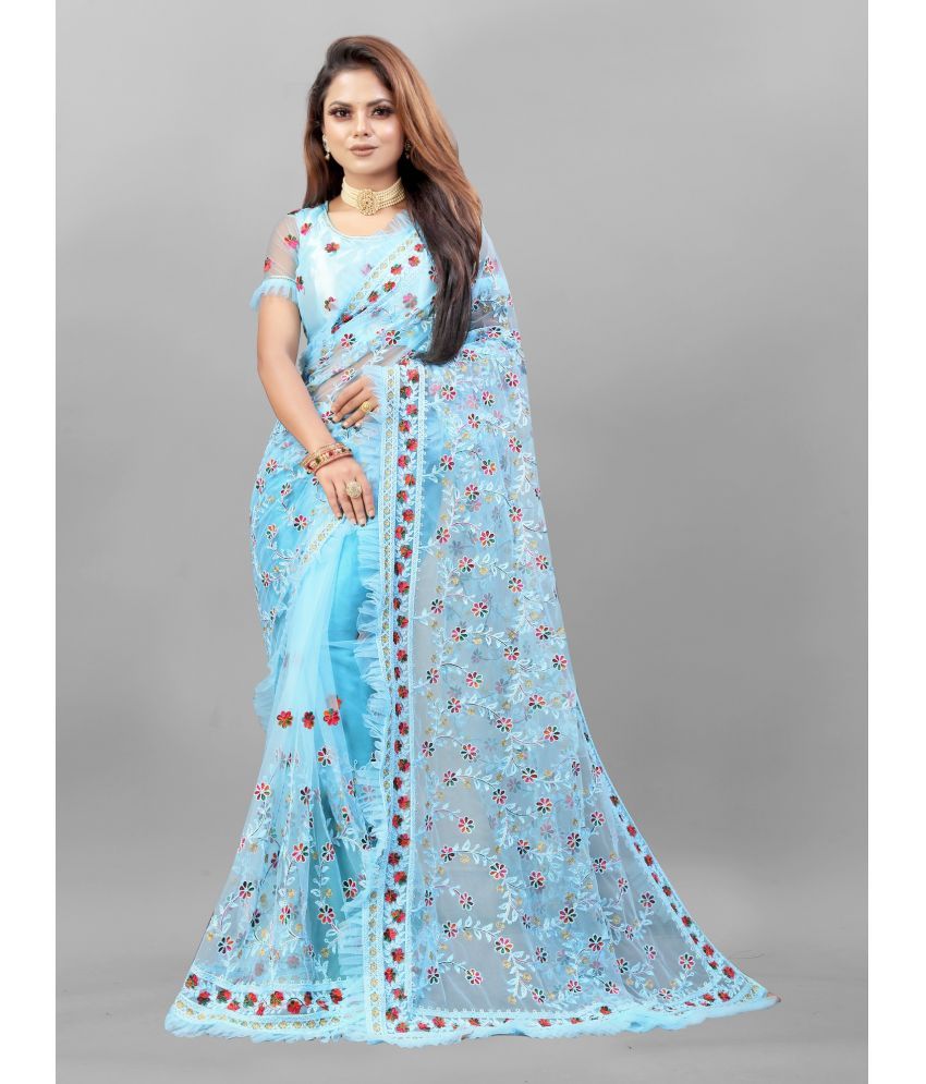     			Aika - SkyBlue Net Saree With Blouse Piece ( Pack of 1 )