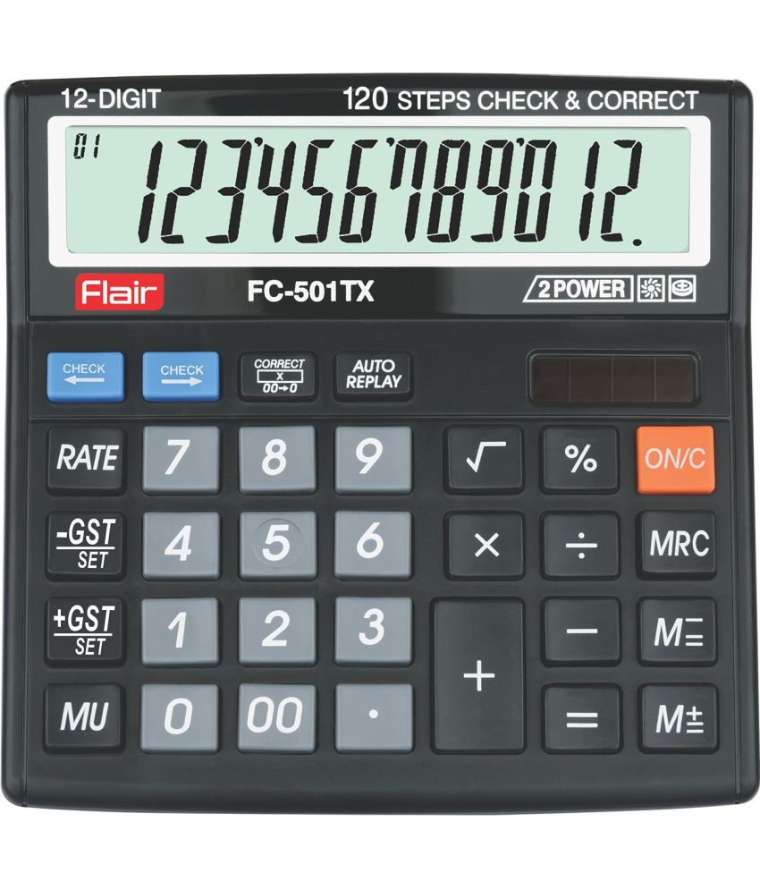     			Flair Flair FC-501TX Desktop Series GST Basic Calculator Solar or Battery 12 Digit Black Color Plastic Body