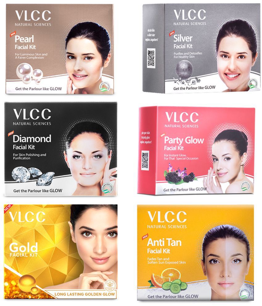     			VLCC Silver + Gold + Party Glow + Pearl + Diamond + Anti Tan Mini Facial Kit, 60 g (Pack of 6)
