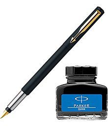 Parker Vector Matte Black GT Fountain Pen + Quink Ink Bottle - Blue (30ML)