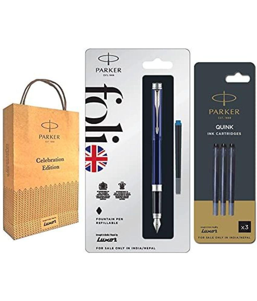     			Parker Folio Standard Fountain Stainless Steel Trim Pen With Black Quink Ink Cartridges (Blue+)