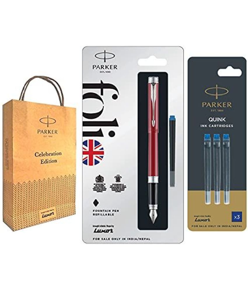     			Parker Folio Standard Fountain Stainless Steel Trim Pen With Blue Quink Ink Cartridges (Red+)