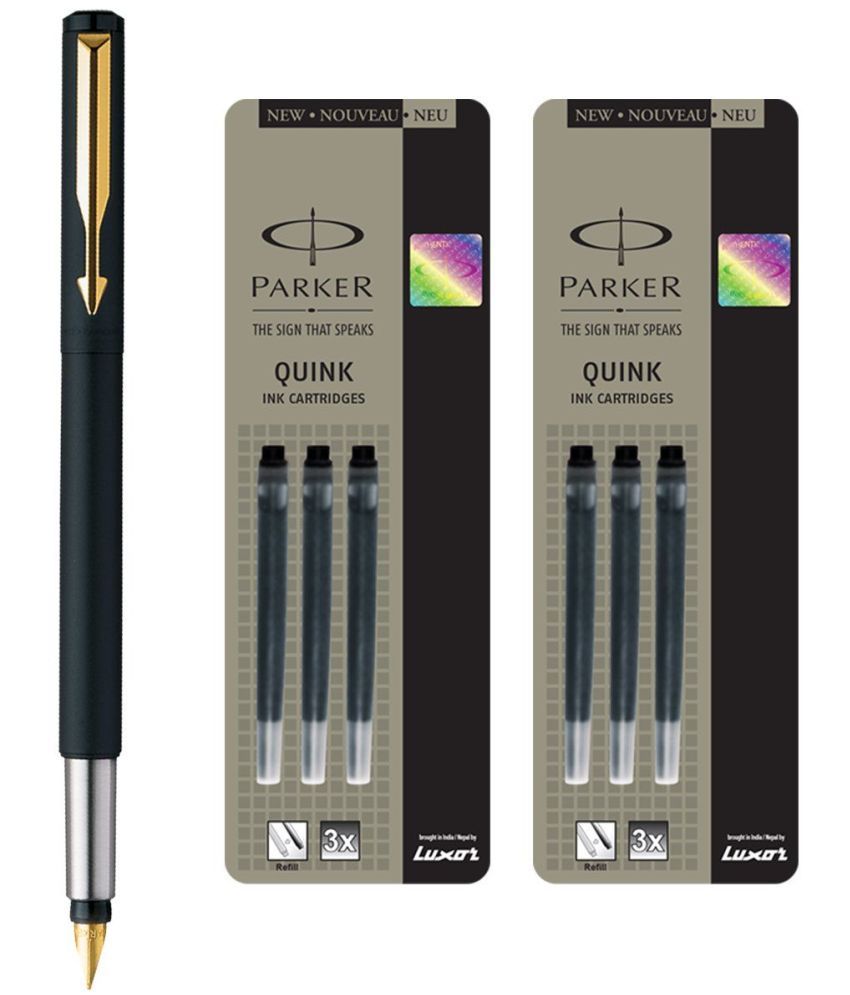     			Parker Vector Matte Black GT Fountain Pen + Quink Ink Cartridge - Black (Pack of 6)