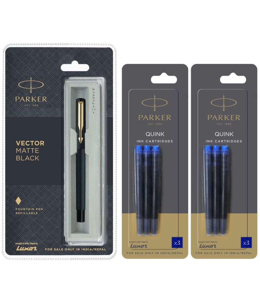     			Parker Vector Matte Black GT Fountain Pen + Quink Ink Cartridge - Blue (Pack of 6)