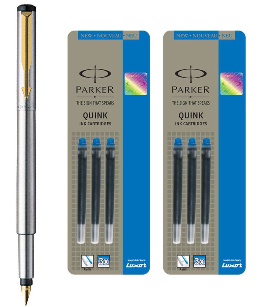     			Parker Vector Stainless Steel GT Fountain Pen + Quink Ink Cartridge - Blue (Pack of 6)
