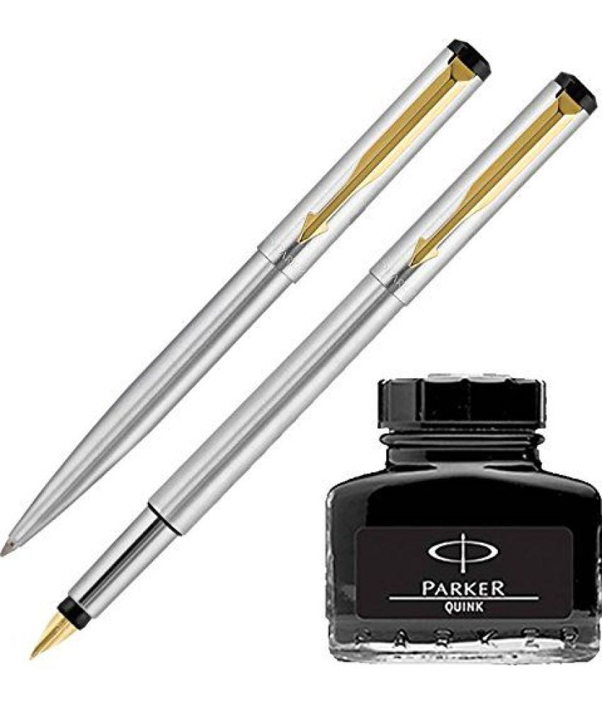     			Parker Vector Stainless Steel GT Fountain Pen + Ball Pen + Quink Ink Bottle - Black (30ML)