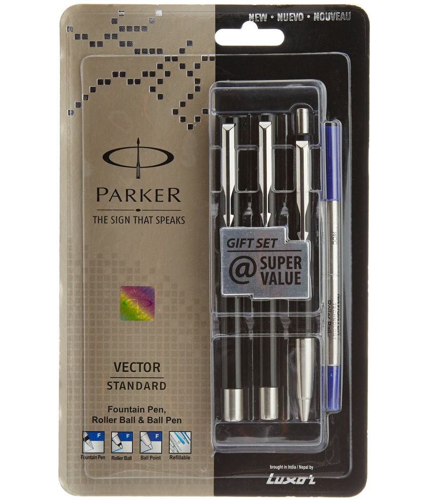     			Parker Vector Standard Fountain Pen, Roller Ball Pen and Ball Pen (Black), Pack of 2