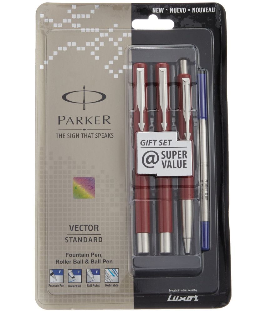     			Parker Vector Standard Fountain Pen, Roller Ball Pen and Ball Pen (Red), Pack of 2
