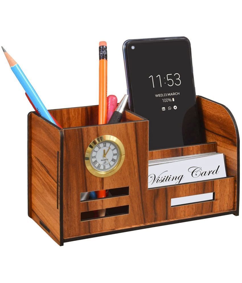     			Pen Holder for Table Stylish analog watch | Wooden Pen Stand With Clock, Mobile and Visiting Card Holder for Office Desk and Study Table | Multipurpose Desk Organizer Aesthetic Accessories