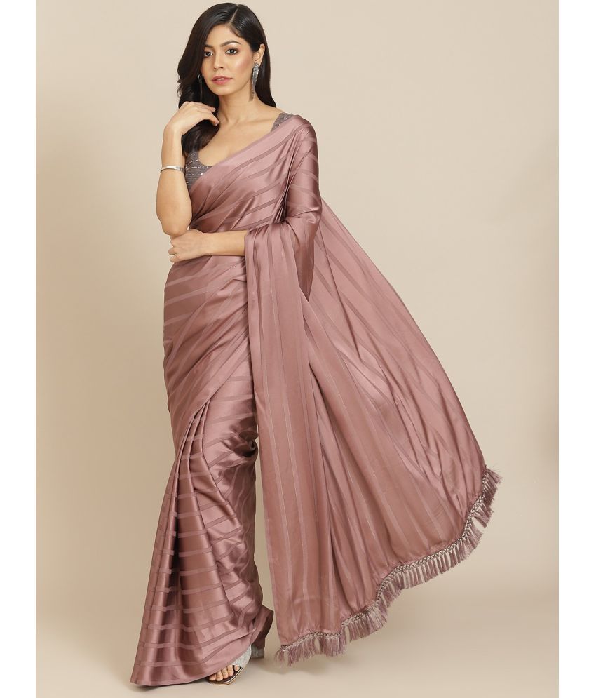     			Rangita Women Horizontal Striped Embellished Satin Saree with Blouse Piece - Rose Gold