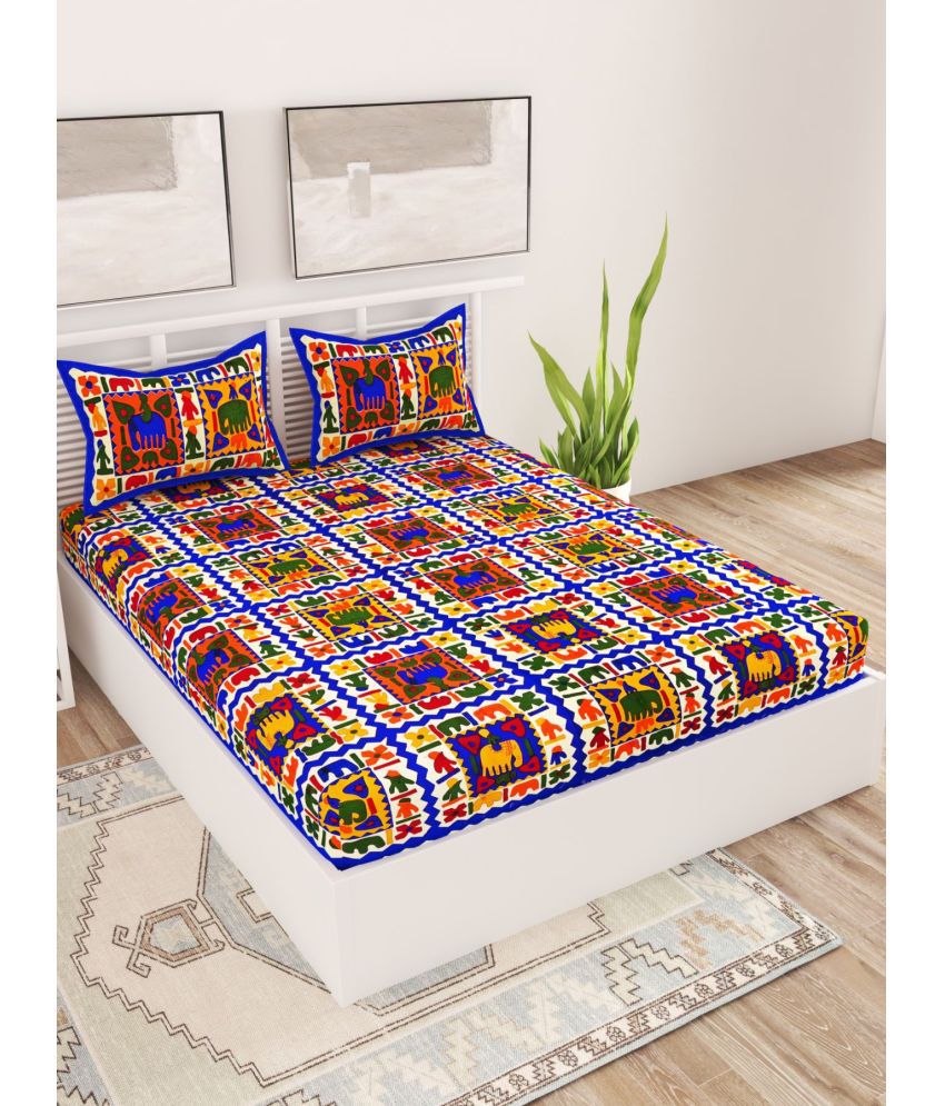     			Uniqchoice Cotton Floral Double Bedsheet with 2 Pillow Covers - Blue