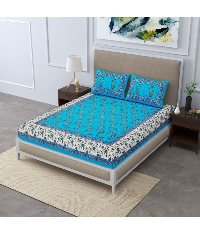     			Uniqchoice Cotton Floral Double Bedsheet with 2 Pillow Covers - Turquoise