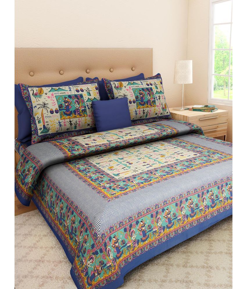     			Uniqchoice Cotton Floral Double Bedsheet with 2 Pillow Covers - Blue