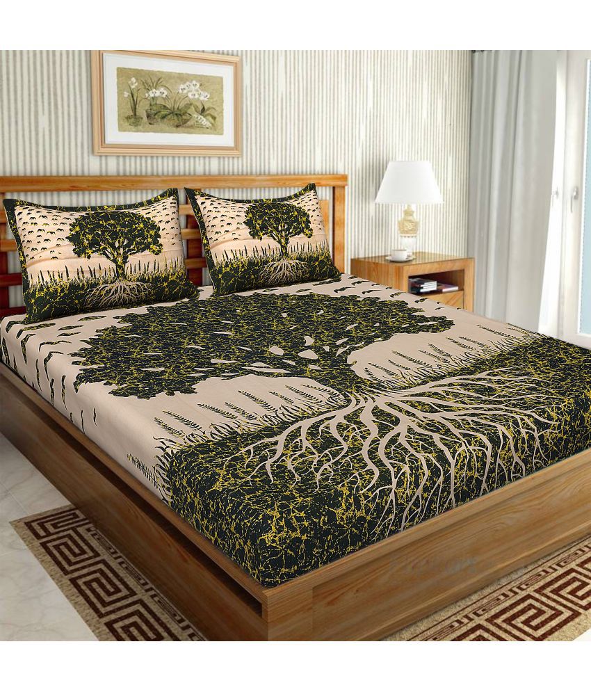     			Uniqchoice Cotton Floral Double Bedsheet with 2 Pillow Covers - Green