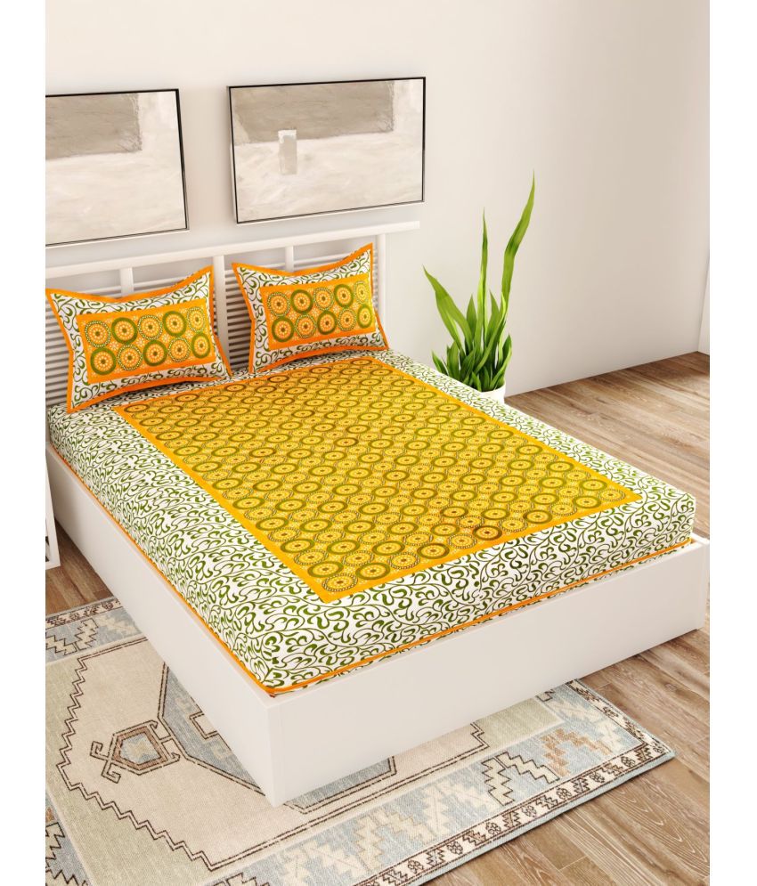     			Uniqchoice Cotton Floral Double Bedsheet with 2 Pillow Covers - Yellow