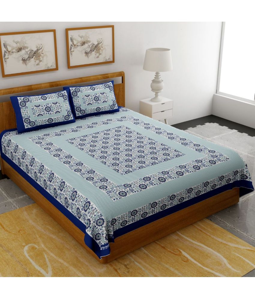     			Uniqchoice Cotton Floral Double Bedsheet with 2 Pillow Covers - Blue