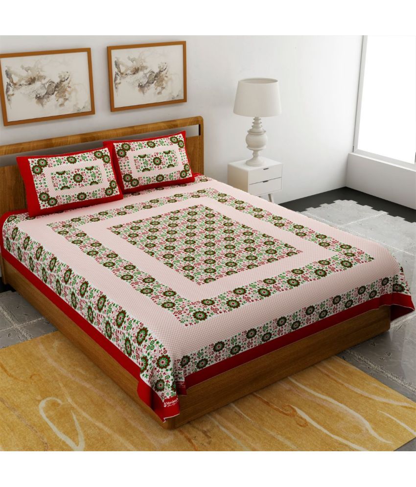     			Uniqchoice Cotton Floral Double Bedsheet with 2 Pillow Covers - Red