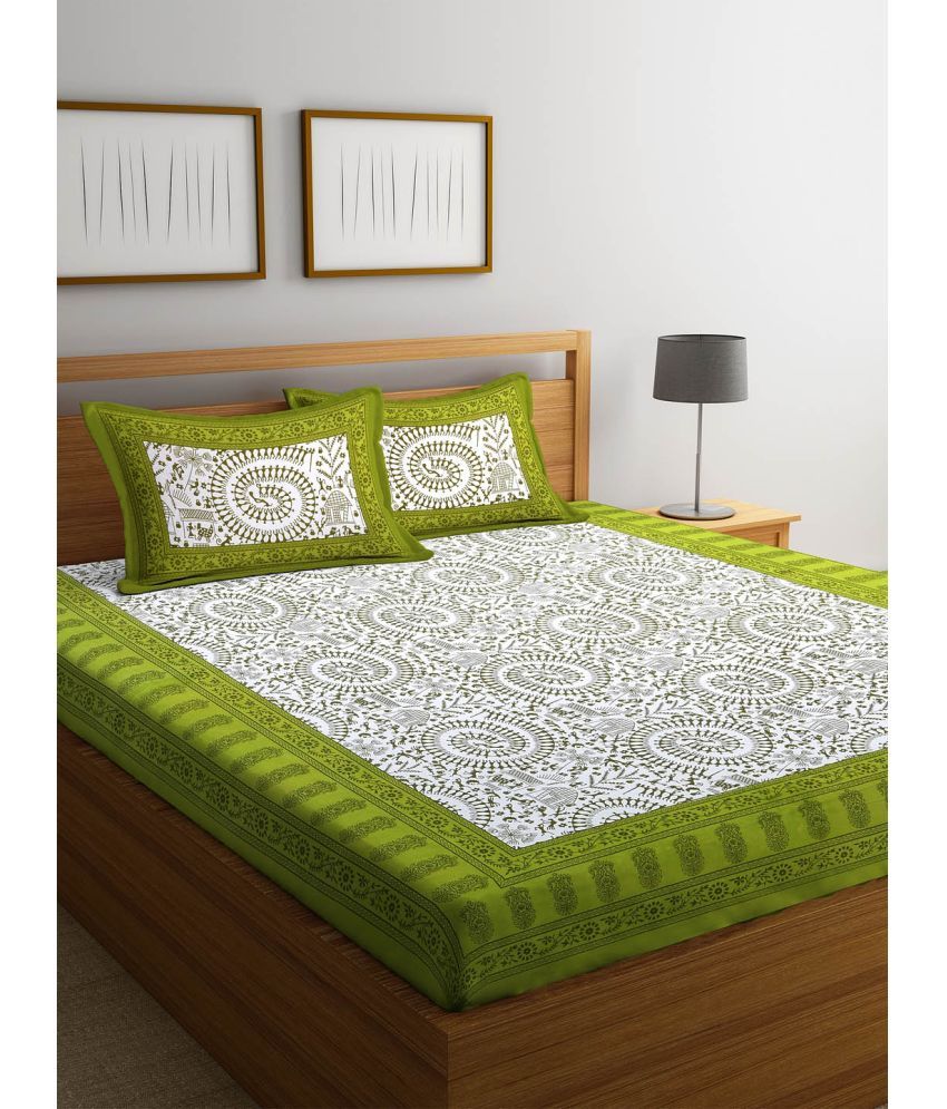     			Uniqchoice Cotton Floral Double Bedsheet with 2 Pillow Covers - Green