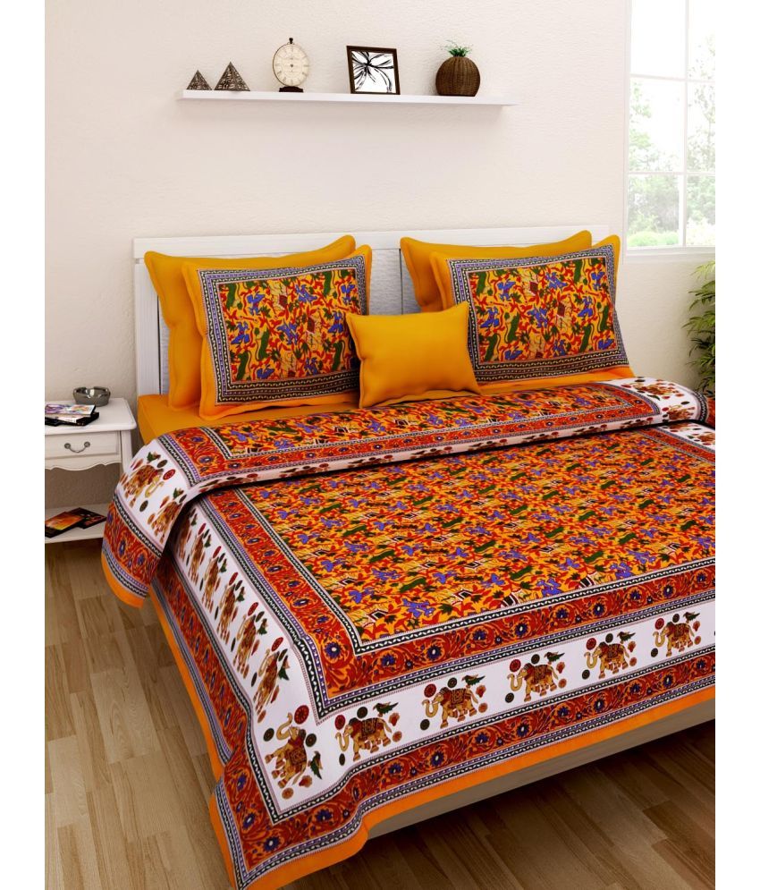     			Uniqchoice Cotton Floral Double Bedsheet with 2 Pillow Covers - Orange