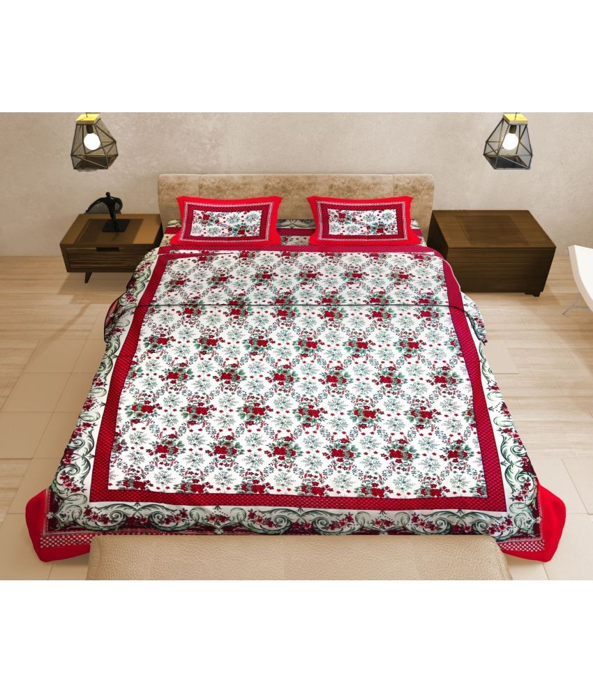     			Uniqchoice Cotton Floral Double Bedsheet with 2 Pillow Covers - Red