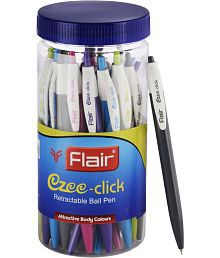 FLAIR Ezee Click Retractable Ball Pen Jar Pack| 0.7 to 1 mm Tip Size | Attractive Body Colors|Simple &amp; Slim Design | Stylish Metal Clip | Ideal for School, Collage, Office| Blue Ink, Jar Pack Of 25