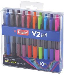 FLAIR V2 Retractable 0.7mm Gel Pen Box Pack | Water Proof, Smudge Free &amp; Refillable Ink For Smooth Writing Experience | Comfortable Grip For Easy Handling | Set of 10 Different Ink Colors