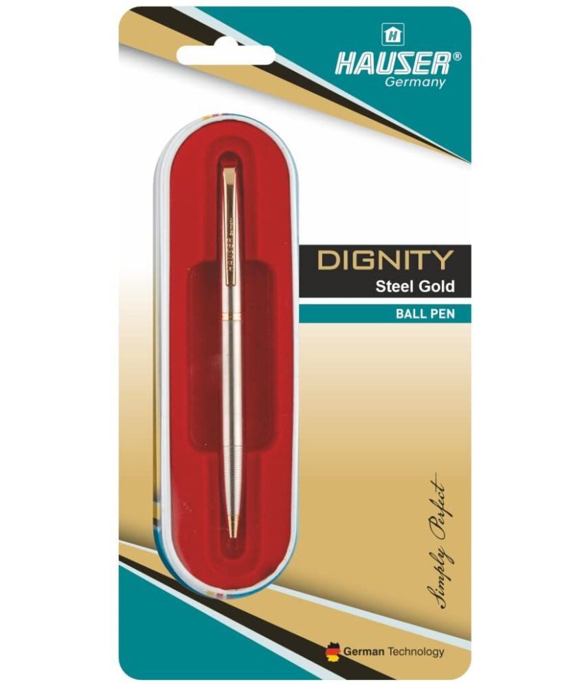     			Hauser Dignity Steel Gold Ball Pen Blister Pack | Steel Finish Body With Golden Clip | Twist Mechanism For Smudge Free Writing | Durable, Refillable Pen | Blue Ink, Pack Of 1