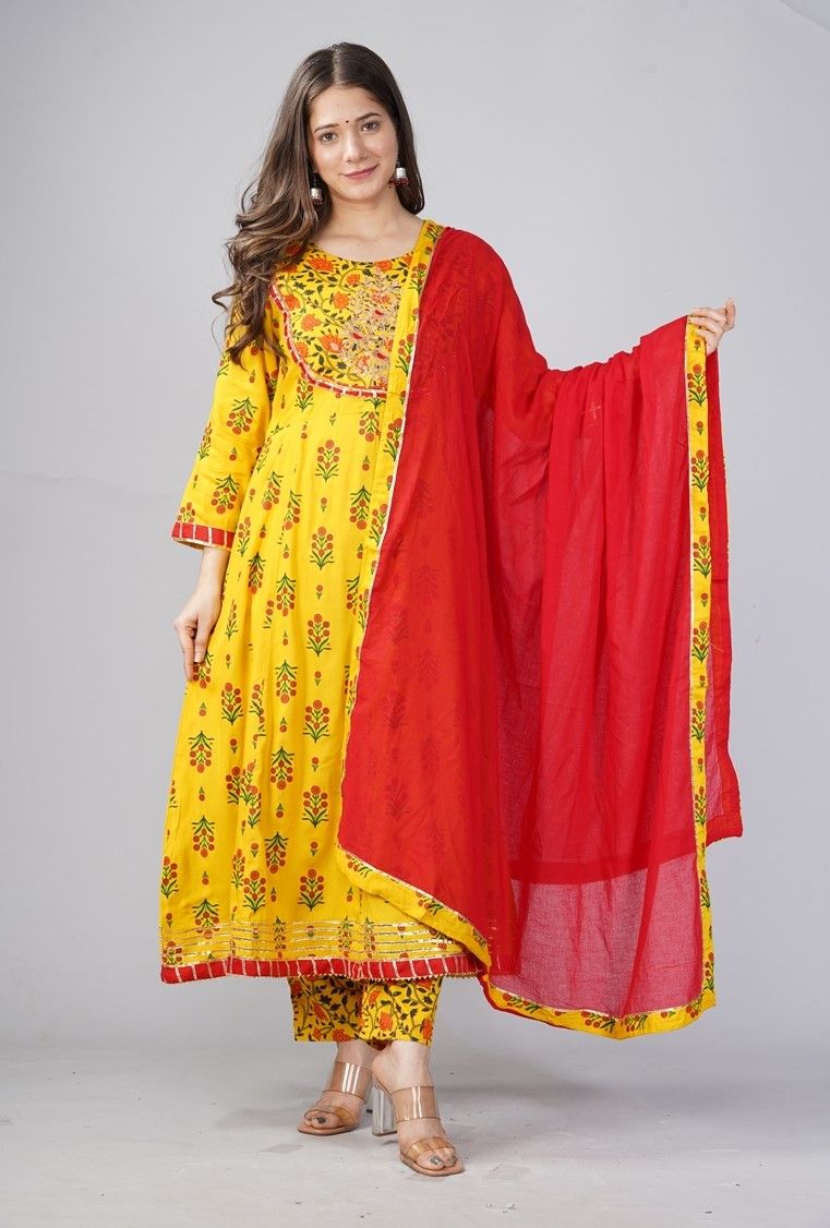     			Heavenly Attire - Yellow Anarkali Cotton Women's Stitched Salwar Suit ( Pack of 1 )