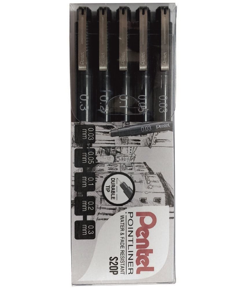     			Pentel Pointliner Drawing Pen | Durable Tip & Acid Free Ink | Water And Fade Resistant Pigment Ink | Set Of 5 Pcs (0.03/0.05/0.1/0.2/0.3) | Black (S20P)