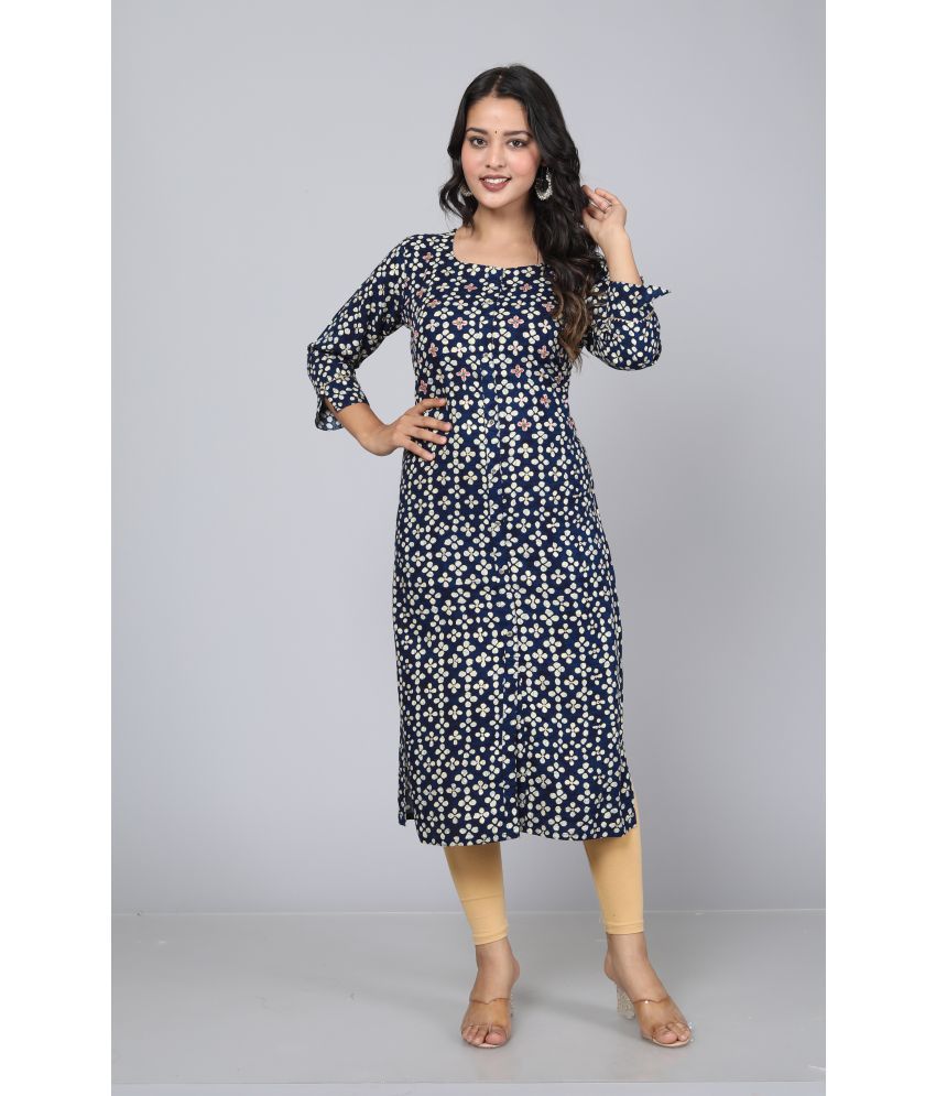     			HIGHLIGHT FASHION EXPORT - Navy Blue Rayon Women's Front Slit Kurti ( Pack of 1 )