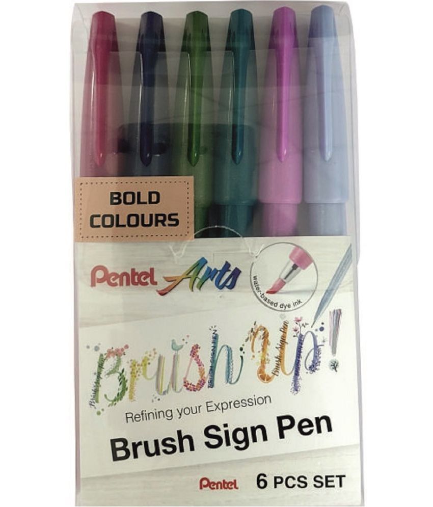     			Pentel Arts Bold Colours Water Based Brush Sign Pen | Ideal For Modern Calligraphy & Decorative Writing | Set Of 6 Shades (SES15C), Multicolor