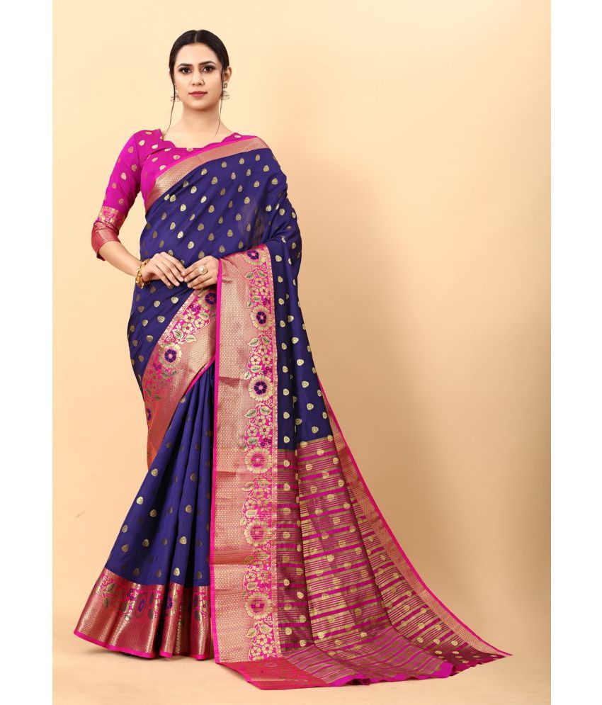     			OFLINE SELCTION , INDIA - Navy Blue Silk Saree With Blouse Piece ( Pack of 1 )