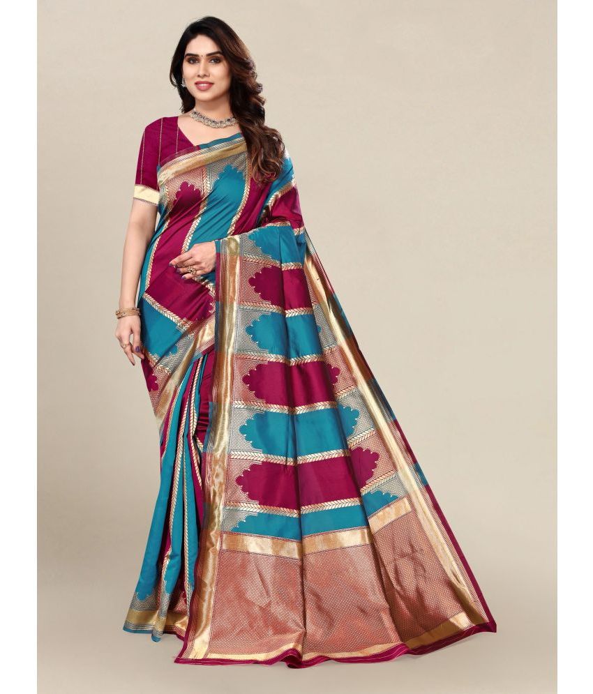     			Om Shantam Sarees - Turquoise Banarasi Silk Saree With Blouse Piece ( Pack of 1 )