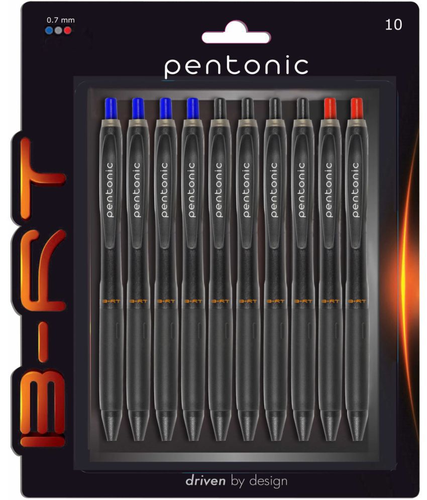     			Pentonic B-RT Ball Pen Blister Pack | Tip Size 0.7 mm | Retractable Mechanism With Black Matte Finish Body | Smart Grip For Fast Writing Experience | Blue, Black & Red Ink, Pack Of 10