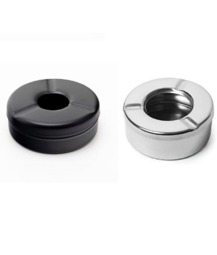     			Stainless steel Black/Silver Round Lid Ash Tray- Set of 2
