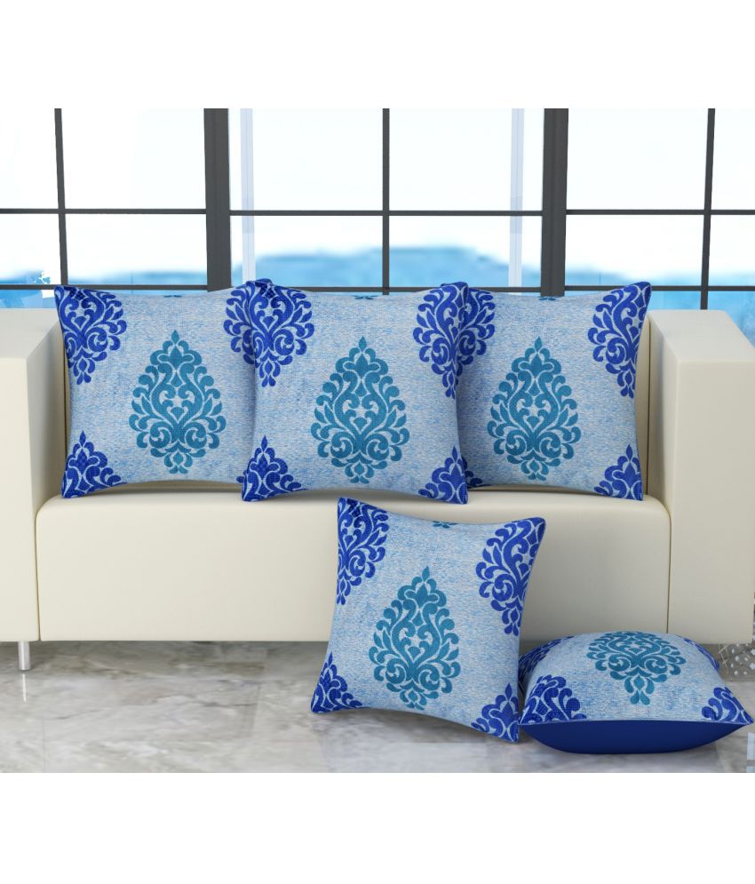     			Bigger Fish Set of 5 Cotton Floral Printed Square Cushion Cover (40X40)cm - Blue