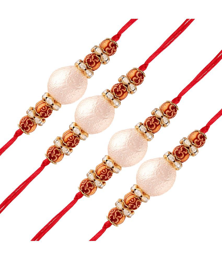     			I Jewels Ethnic Designer Pearl Stone Combo Rakhi Bracelet with Roli Chawal for Brother (Pack of 4)(R021-4)
