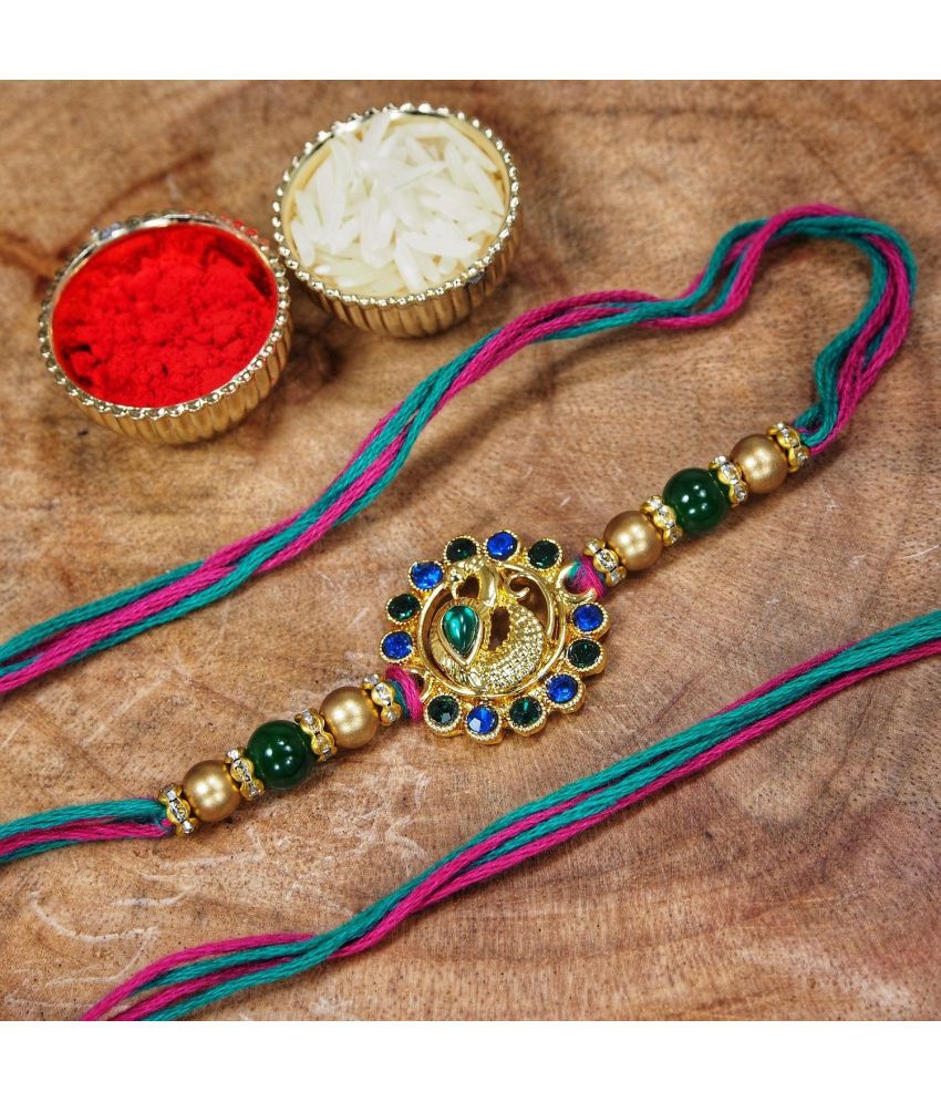     			I Jewels Gold Plated Ethnic Peacock Design Beads Kundan Rakhi Bracelet With Roli chawal for Brother (R047-R)