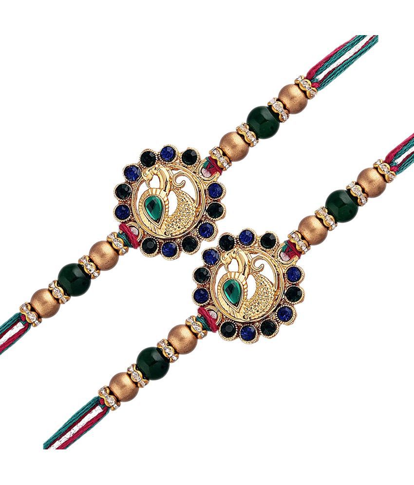     			I Jewels Gold Plated Ethnic Peacock Design Beads Kundan Rakhi Bracelet with Roli Chawal for Brother (R047-2) (Pack of 2 Pcs)