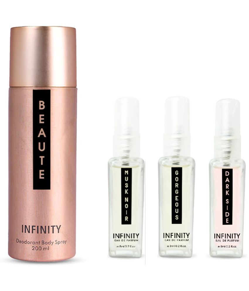     			Infinity Beaute 200ml Deodorant & EDP (Gorgeous, Musk Noir, Dark Side) 8ml Each Long Lasting Unisex Premium Gift Set Pack of 4