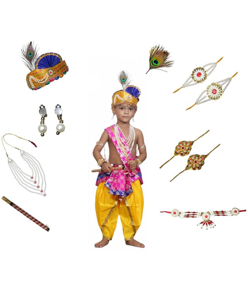     			Kaku Fancy Dresses Krishna Costume for Kids Infant Baby Krishna Dress for Boys (Set of 11 - Magenta Dhoti, Patka(Stole), Belt, Fabric Mukut, Layer Pearl Mala, Bajuband, Earrings, Bansuri & Morpankh)