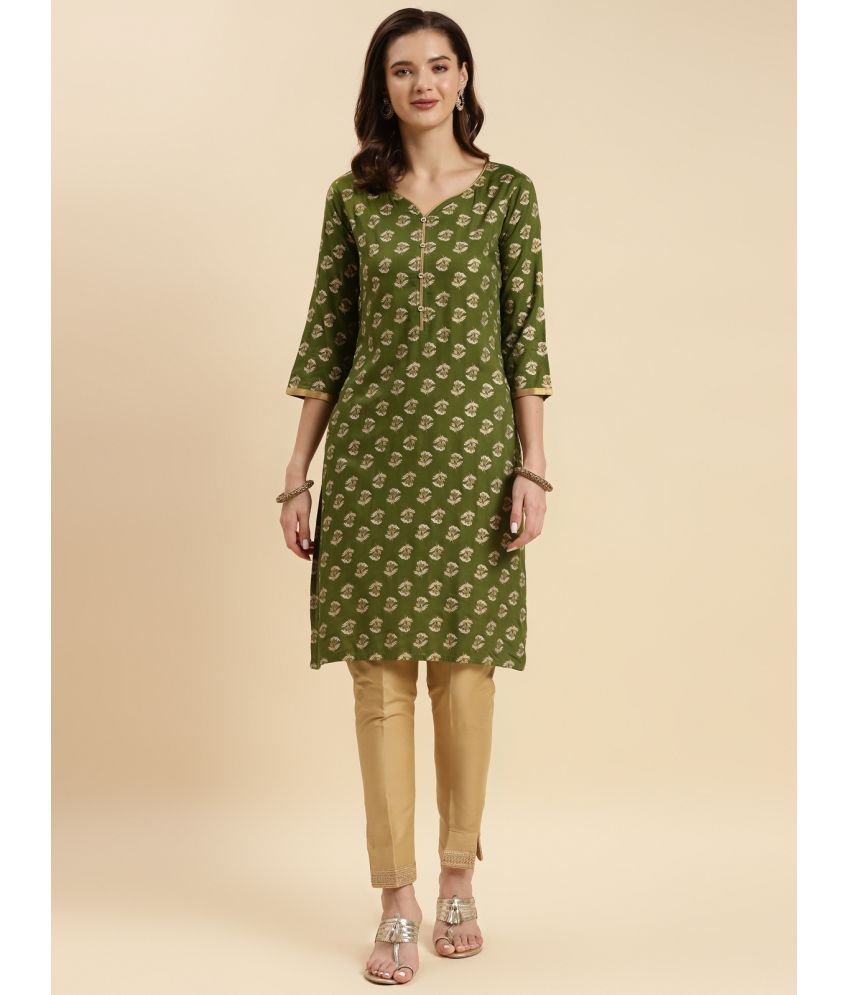     			Rangita Women Green Rayon Printed Knee Length Straight Kurti