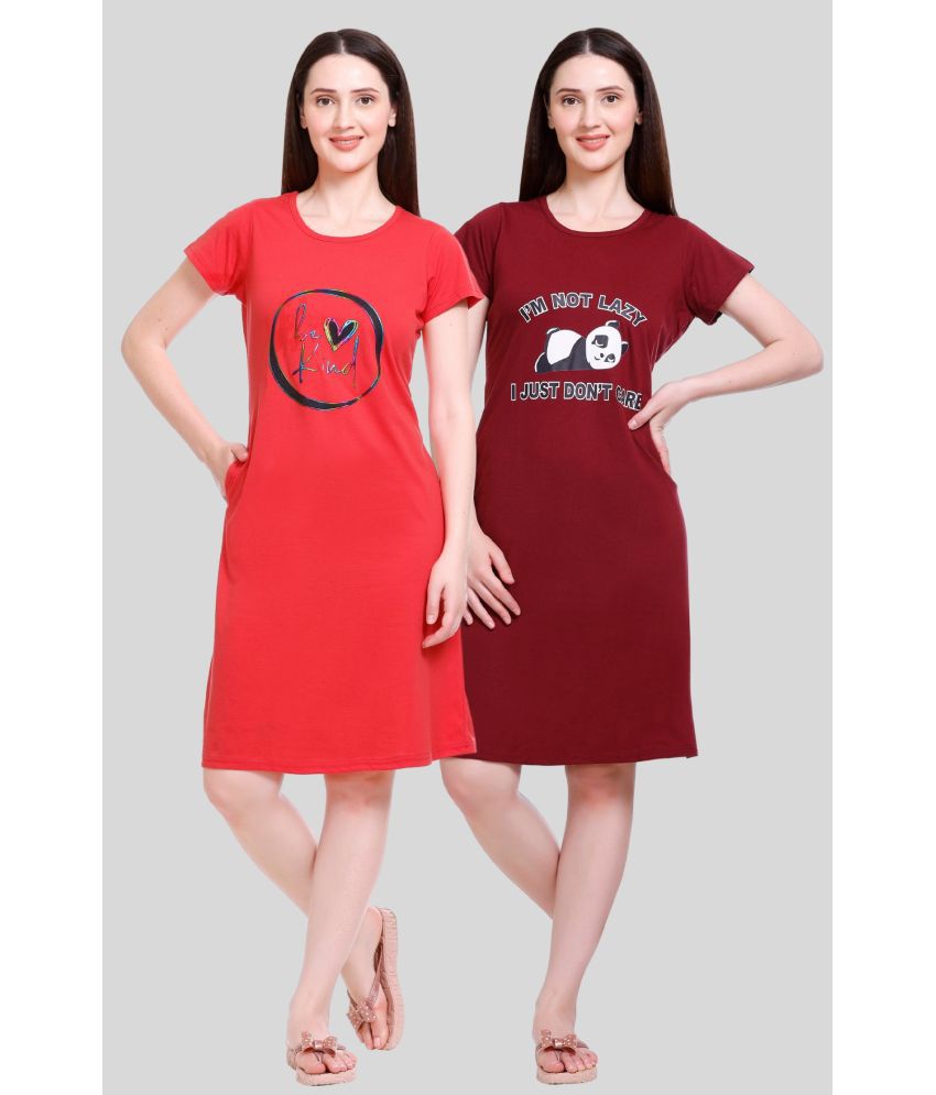     			White Moon - Red Cotton Women's Nightwear Night T-Shirt ( Pack of 2 )