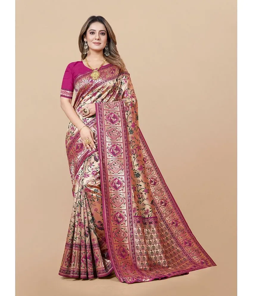 Nency fashion Women's Banarasi Silk Blend Zari Woven Work With Tussles  Saree and Blouse Piece