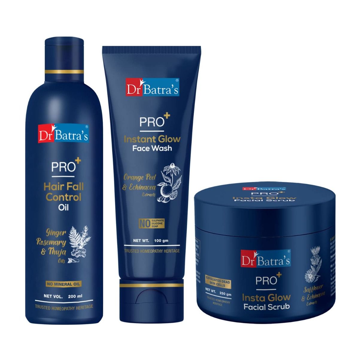     			Dr Batra's Pro+ Hair Fall Control Oil, Pro+Instant Glow Face Wash And Pro+ Insta Glow Facial Scrub