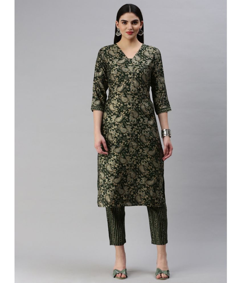     			Hritika - Dark Green Straight Chanderi Women's Stitched Salwar Suit ( Pack of 1 )